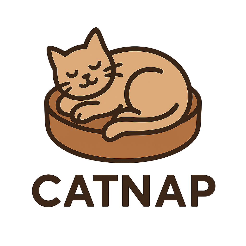 a brown cat sleeping on a dark brown cat bed with bold words CATNAP under it