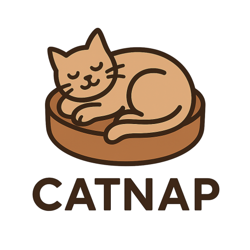 a brown cat sleeping on a dark brown cat bed with bold words CATNAP under it